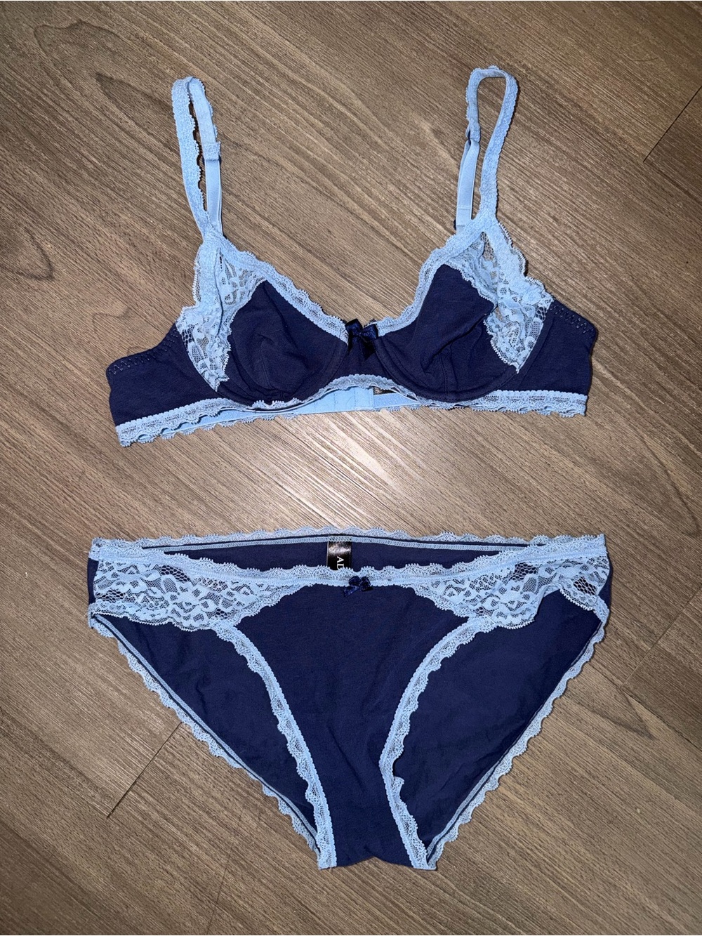 Adore Me 34 Navy Bra and M Light Blue Lace Trim Bikini Set